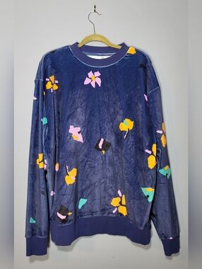 Vintage Collusion Rare Design Navy Floral Velour Crewneck Sweater Unisex